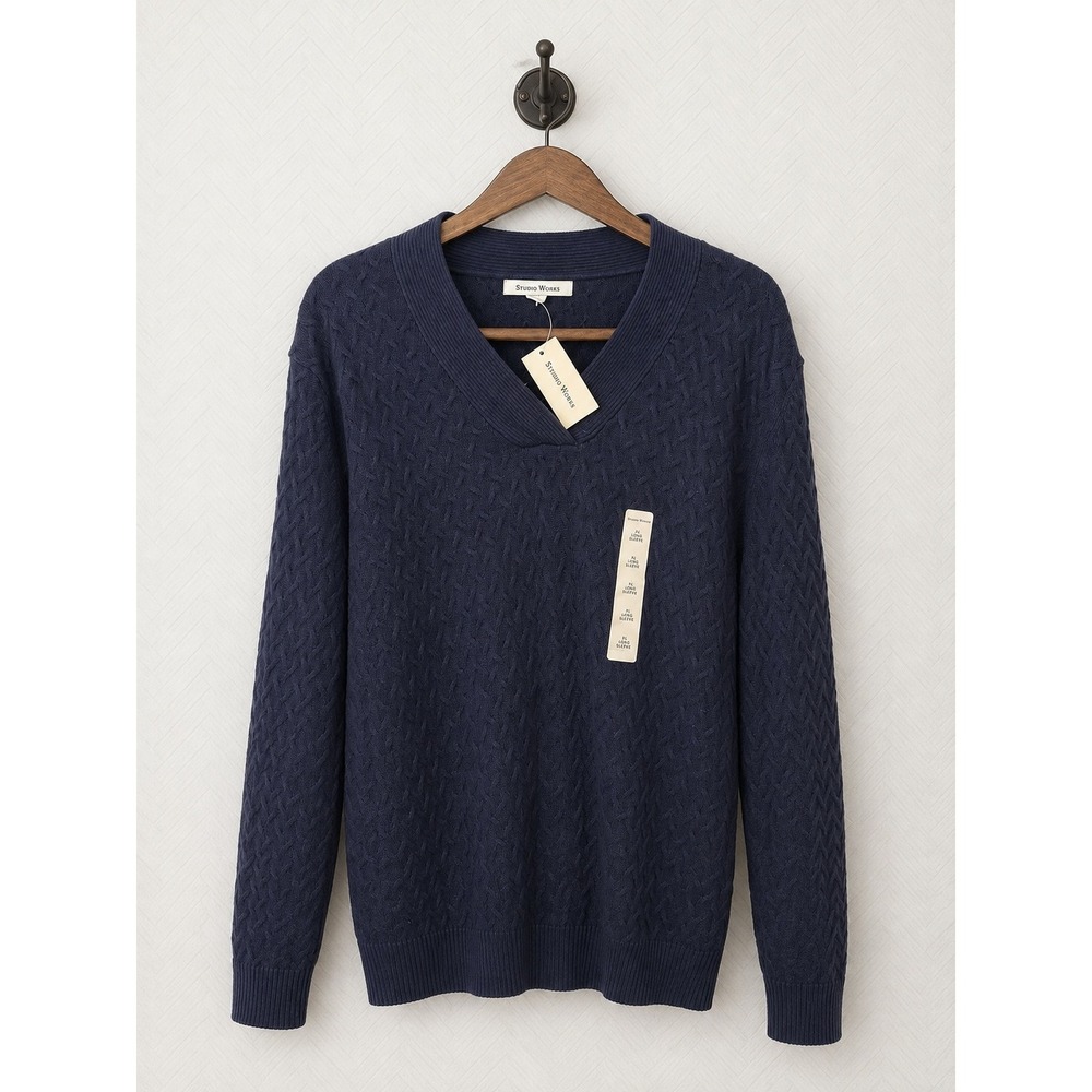 Studio Works Cable Knit V-Neck Cotton Sweater Navy Blue XL NWT